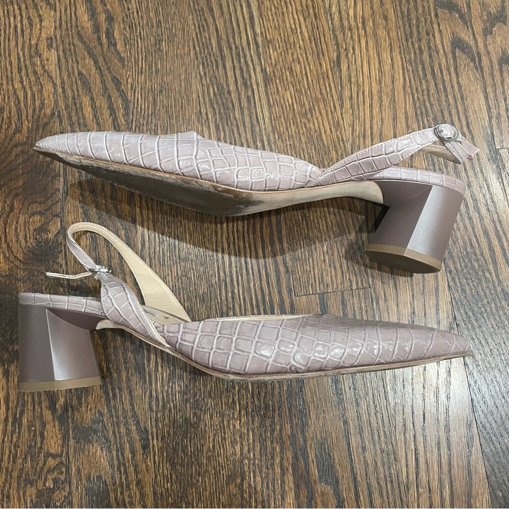 MM LAFLEUR Irene Rosy Taupe Croc Embossed Leather Slingback Block Heels - Picture 4 of 13